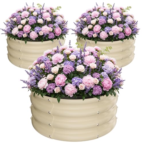 ZXZYHFTY Raised Garden Bed, 0.6 mm Galvanized Steel Round Planter Box with Open Bottom, White Metal Raised Garden Bed for Vegetables Flowers Herbs Mailbox Planter Accent, 2 x 2 x 1 FT, 3 Pack