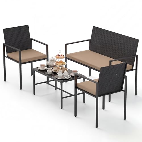 RELAX4LIFE 4 Pieces Rattan Garden Furniture Set, Outdoor Conversation Sets with Tempered Glass Table & Cushions, Loveseat and 2 Armchairs, PE Wicker Sectional Set for Lounge Backyard Poolside (Khaki)