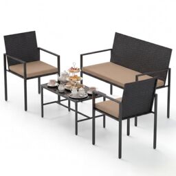 RELAX4LIFE 4 Pieces Rattan Garden Furniture Set, Outdoor Conversation Sets with Tempered Glass Table & Cushions, Loveseat and 2 Armchairs, PE Wicker Sectional Set for Lounge Backyard Poolside (Khaki)