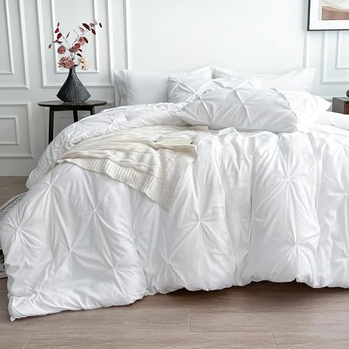 Maple&Stone Queen Comforter Set White Pinch Pleat 8 Pieces Bed in A Bag for All Season Pintuck Comforter Set White Queen Size with Comforters, Sheets, Pillowcases & Shams