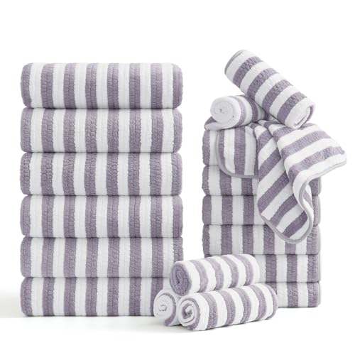 Smuge 18 Pcs Bath Towel Set, Include 6 Bath Towel Sheets, 6 Hand Towels and 6 Washcloths - Highly Absorbent Quick Dry Microfiber,Ultra Soft Bathroom Towel Set with Hanging Loop - Light Purple