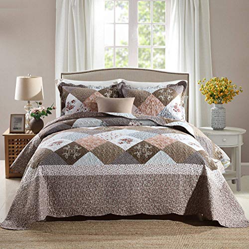 HoneiLife Quilt Set Twin Size - 2 Piece Microfiber Quilts Reversible Bedspreads Patchwork Coverlets Floral Bedding Set All Season Quilts- Splicing Mocha Rose