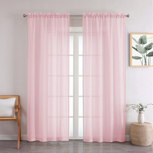 Chyhomenyc Crushed Sheer Blush Pink Curtains 84 Inch Length 2 Panels, Light Filtering Solid Crinkle Voile Lightweight Textured Sheer Curtian for Bedroom Bathroom, Each 42Wx84L Inches