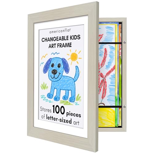 Americanflat Kids Artwork Display Frame Changeable (Light Wood) - Magnetic Door Holds 100 Art Pieces - A4 Size Display with Mount or 10x12.5 Without Mount - My Mini Masterpiece
