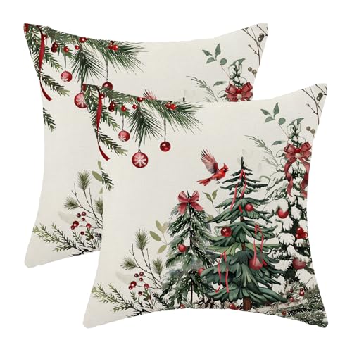 Christmas Pillow Covers 18x18 Inch Set of 2 Green Christmas Trees Red Bird Throw Pillowscase,Xmas Holiday Outdoor Decorative Farmhouse Winter Decor Cushion Covers for Home Sofa Bed
