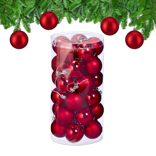 Relaxdays Christmas Bauble Set of 30, Glittery, Matt & Shiny Ornaments, Plastic Xmas Tree Balls, HxD: 7 x 6 cm, Red