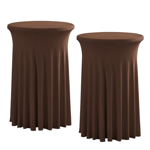 Rakila 2 Pack Round 43 x 24 Inch Spandex Cocktail Tablecloth with Wavy Skirt Brown Fitted Stretch Table Cover for Bar Wedding Party