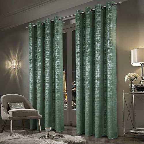 always4u Sage Green Soft Velvet Curtains 95 Inch Length Luxury Bedroom Curtains Silver Foil Print Window Curtains for Living Room Bedroom Set of 2