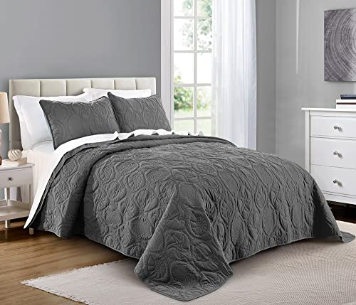 Pure Bedding Quilt Set Full/Queen Size Dark Grey - Oversized Bedspread - Soft Microfiber Coverlet for All Season - Includes 1 Quilt and 2 Shams, Ocean Star Pattern