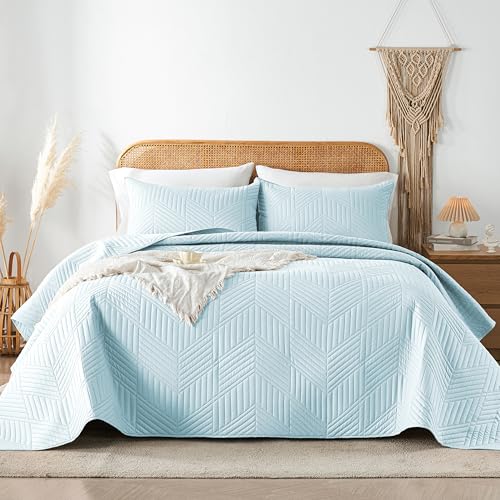 Davulos King Quilt Bedding Set,Aqua Blue Ultrasonic King/Cal King Quilt Set Reversible Microfiber Bedspread,Lightweight Soft Modern Geometric Coverlet Set for All Seasons(1 Quilt,2 Pillow Shams)
