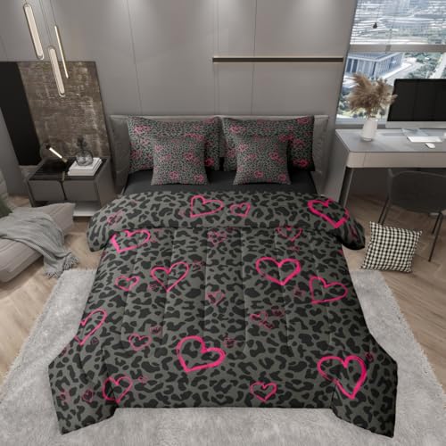Grey Black Leopard 7 Pieces Bedding Set King Size,Pink Love Hearts Bed in a Bag,African Cheetah Print Bed Set Includes Comforter,Sheet Set,Pillowcases & Pillow Covers,Farmhouse Rustic Bedroom Decor