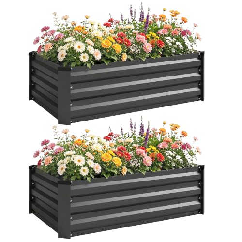 Outsunny Set of 2 Raised Garden Bed, 100 x 60 x 30 cm, Dark Grey - Outdoor Planter Box, Galvanised Steel Frame, for Growing Vegetables, Flowers and Herbs