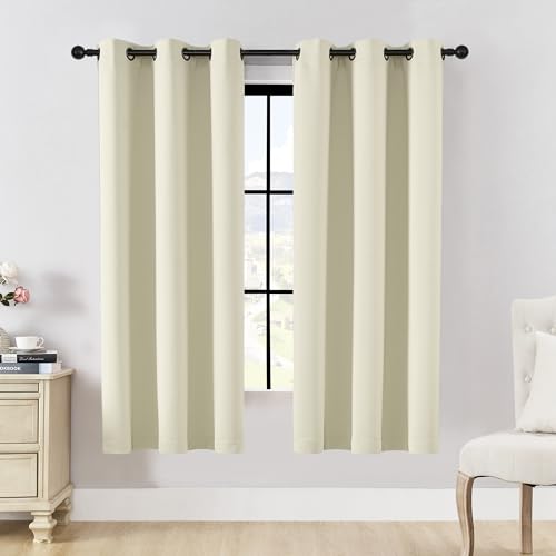 HUTO Beige Blackout Window Curtains for Bedroom Living Room - Light Blocking Thermal Insulated Curtains Drapes with Antique Copper Grommet Sleep Well All Season Curtains, 2 Pcs, 42W x 72L, Cream White