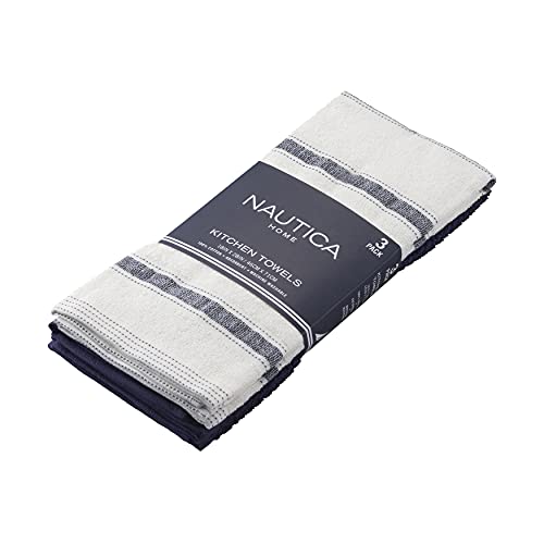 "Nautica Cotton Classics 3 Piece Kitchen Towel Set, 18"" x 28"", Navy/White Stripe"