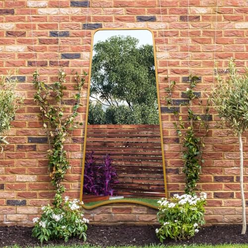 "The Coartans - New Gold Metal Isoscelles Trapezoid Shape Framed Garden Wall Mirror with arched bottom. 79"" X 38"" (200CM X 95CM)"