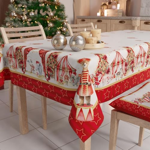 PETTI Artigiani Italiani - Christmas Tablecloth Stain Resistant Square Table Cover for Kitchen, Circus Design, 140x140 cm, 100% Made in Italy
