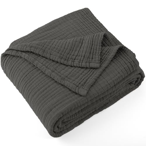 Carriediosa 100% Cotton Muslin Throw Blanket 70 x 80 Summer Gauze for Adult - 4-Layers Twin Size Throws for Bed Sofa Couch, Soft Lightweight Breathable Linen Blankets Bedspread All Season, Dark Gery