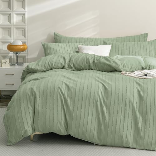 JELLYMONI Light Green Duvet Cover Queen Size Bedding - 3PCS Microfiber Tufted Duvet Cover Set, Boho Striped Tufted Textured Duvet Cover with Corner Ties & Zipper Closure