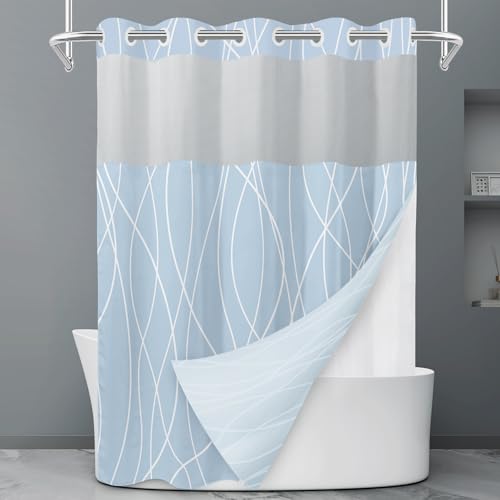 LXBNI No Hook Light Blue Striped Bathroom Curtains, Shower Curtain with Snap in Fabric Liner Set - Hotel Shower Curtain and Liner Set with See Through Mesh Top Window, Machine Washable, 71x74 INCH