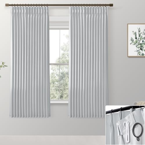 Light Grey/Gray Blackout Curtains for Bedroom,Pinch Pleated Linen Black Out Modern Curtains for Living Room 63 Inch Length