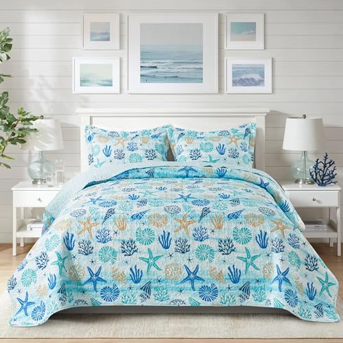 NEWLAKE Quilt Bedspread Sets, Bed Blankets - West Coastal Pattern Reversible Coverlet Set, Queen Size