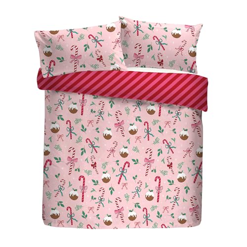 Fusion Festive Fancy Christmas Duvet Cover Set, 52% Recycled Polyester 48% Cotton, Super-King 260x220cm, Pink, Candy Cane Pattern, 2 Pillowcases