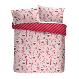 Fusion Festive Fancy Christmas Duvet Cover Set, 52% Recycled Polyester 48% Cotton, Super-King 260x220cm, Pink, Candy Cane Pattern, 2 Pillowcases