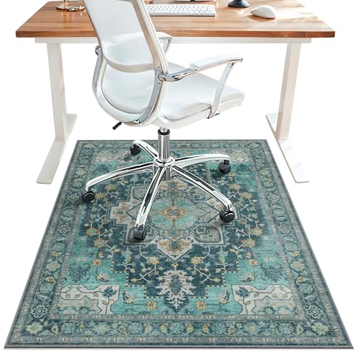 "48""x60"" Office Chair Mat for Hardwood Tile Floor, Under Desk Carpet Protector for Rolling Computer Gaming Chair Mat, Machine Washable Area Rug, Anti-Slip Backing Thin Low Pile Vinyl Floor Mat, Teal"