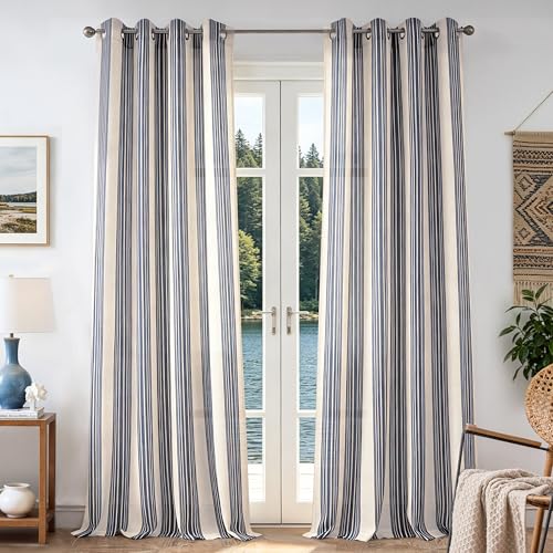 DriftAway Farmhouse Vertical Striped Linen Blend Textured Light Filtering Semi Sheer Curtains for Living Room Bedroom 120 Inches Long Drapes 2 Panels Broad Striped Dark Navy