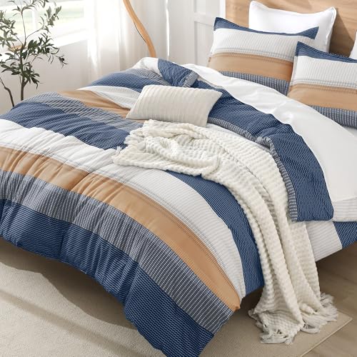 Litanika Queen Comforter Set - 3 Pieces Stripe Bedding Comforter Sets - Blue Orange Men Fluffy Lightweight Soft Colorblock Down Alternative All Season Bed Set
