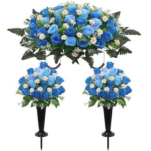 Wocst Headstone Flower Saddle,Large Artificial Cemetery Flowers for Grave 2Pack Artificial Silk Roses Daisy Bouquets with Cemetery Vases for Outdoor Grave Decorations (Blue)