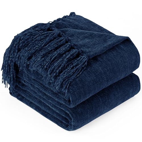 "GINAMUSE Chenille Throw Blanket for Couch - Soft Knit Blankets 50""X60"" - Cozy Warm Lightweight Boho Decorative Knitted Blankets with Tassels for Bed and Sofa,Navy Blue"
