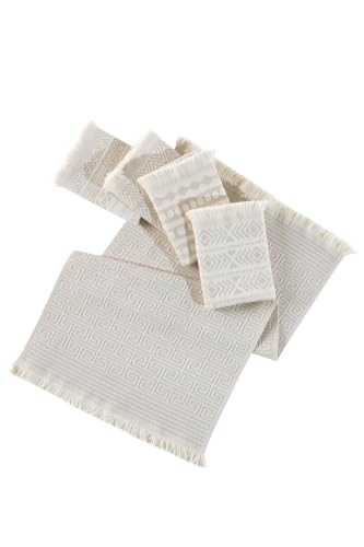 Foutastic Wash Towel Set (5-Piece) 100% Cotton 38 x 65 cm - 270 g/m² Machine Washable at 40 °C, Can Be Ironed - Elegant Beige with Geometric Pattern