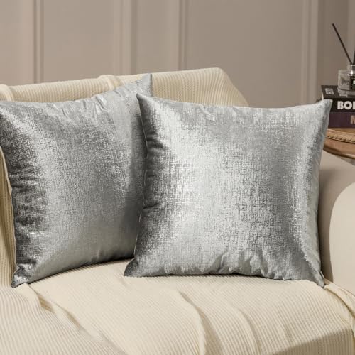 Phantoscope Pack of 2 Sparkling Velvet Decorative Solid Throw Decorative Pillow Cover Soft Silver Glitter Square Cushion Cover Pillowcase for Couch Bed and Chair, Gray, 20 x 20 inches, 50 x 50 cm