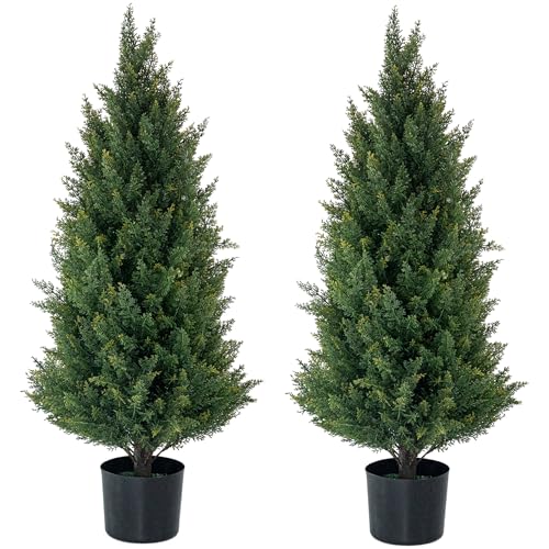 ECOLVANT Artificial Topiary Tree Two 3 Foot Artificial Cedar Trees Indoor Outdoor UV Resistant Bushes Potted Plants Artificial Shrubs Tree
