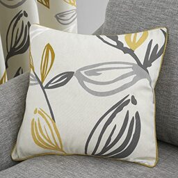 Fusion Leaf Print Cushion – 43x43cm – Grey & Ochre – Filled Scatter Pillow – Piped Edge – 100% Cotton Cover with Insert – Botanical Design – Decorative Sofa/Bed Cushion – Matching Curtains