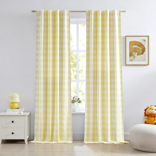 "Bapawfish 95 Inch Yellow White Buffalo Plaid Full Blackout Curtains,Farmhouse Thermal Insulated Double-Layer Drapes,Rustic Bedroom Living Room Window Treatment,Rod Pocket Back Tabs,40"" Wx95 Lx2"