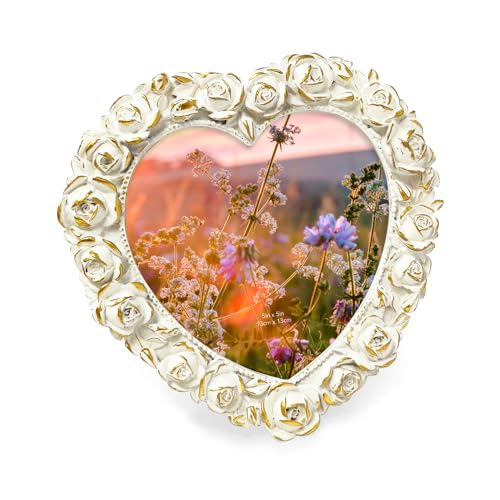 Isaac Jacobs International Isaac Jacobs 5x5 White with Gold Heart Shaped Rose Border Resin Frame, Photo Tabletop & Wall Display Hanging Display & Home D??cor (5x5, White with Gold)