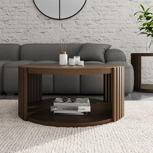 Zadie Round Walnut Coffee Table with Slatted Sides & Lower Shelf – Modern Wooden Living Room Table