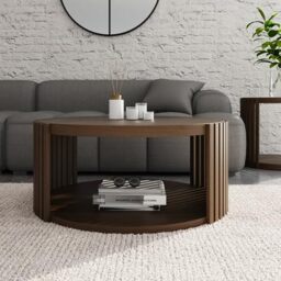 Zadie Round Walnut Coffee Table with Slatted Sides & Lower Shelf – Modern Wooden Living Room Table