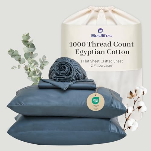 "Bedlifes Egyptian Cotton Sheets 1000 Thread Count California King Size, 4-Piece 16"" Deep Pocket - Cooling & Breathable Ultra Soft Bedding for Hotel Comfort (Lake Blue)"