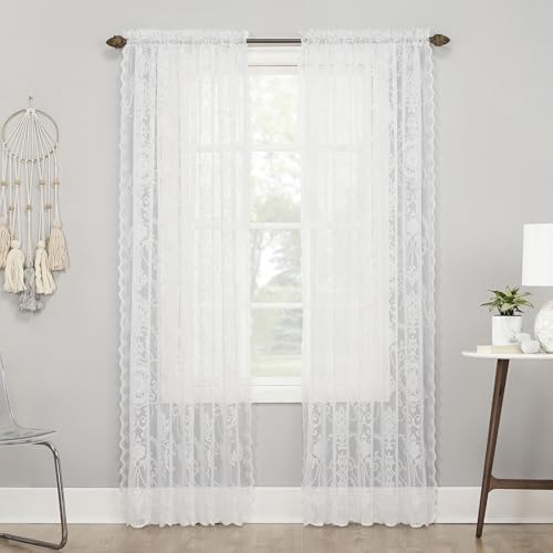 "No. 918 Ariella Floral Lace Sheer Rod Pocket Curtain Panel, 58"" x 96"", White"