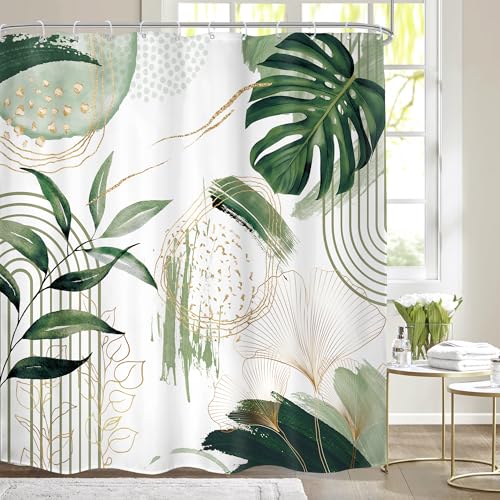 Mitpok Sage Green Boho Tropical Leaves Shower Curtain 72Wx72H Abstract Mid Century Gold Palm Leaf Modern Geometric Arch Plant Bathroom Decor Minimalist Bath Curtain Fabric Polyester 12 Pack Hooks