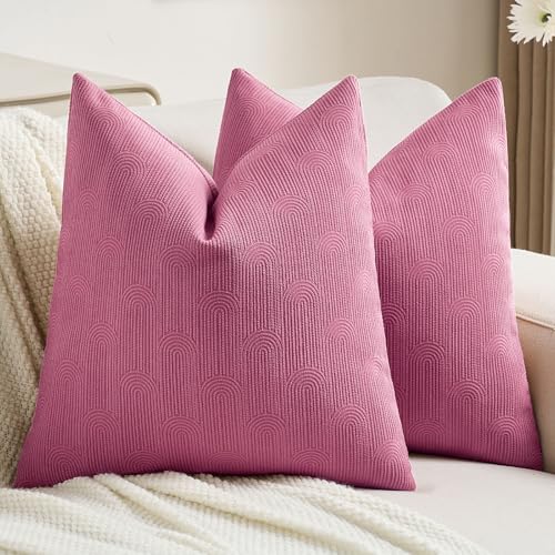 FUTEI Hot Pink Chenille Decorative Throw Pillow Covers 24x24 Inch Set of 2,Soft Cozy Striped Geometric Patterns European Cushion Cases,Modern Home Decor for Couch Bed Living Room