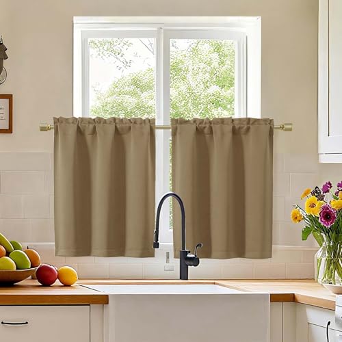 Simplebrand Taupe Blackout Curtains 30 inch Length 2 Panels for Kitchen, Room Darkening Tiers Drapes with Rod Pocket, Blackout Thermal Insulating Small Curtain Tiers for Bathroom, 30W x 30L Inches