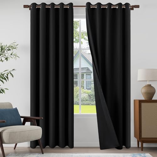 "100% Blackout Linen Textured Curtains 96 Inch Length 2 Panels Set for Living Room, Bedroom, Light Weight Curtains with Grommets Top, Full Blackout Curtains Privacy Protection, Black, 66"" W x 96"" L"