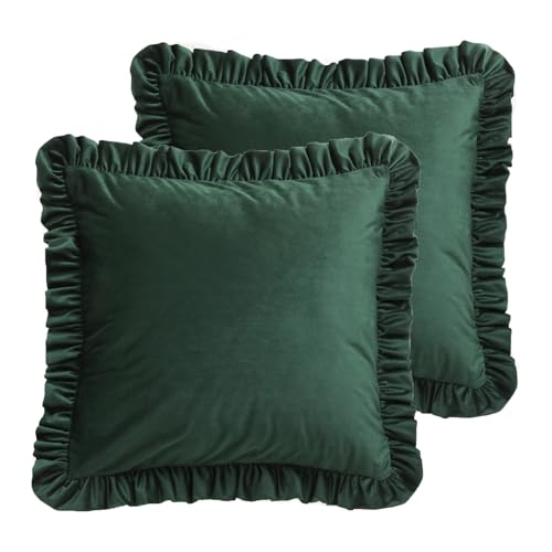 "bilin gaier Designer Velvet Solid Throw Pillow Cover,Set of 2,18""x18"" - Elegant Square Dark Green Decor Pillow Cover with Ruffles,Concealed Zipper Design,Sofa,Bedroom,Living Room,Lounge Chair"
