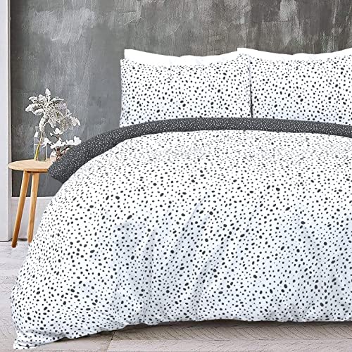 Sleepdown Polka Dots Reversible Black White Mono Duvet Cover Quilt Pillow Cases Bedding Set Soft Easy Care - King (230cm x 220cm)