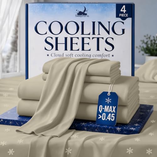 SLEEPHORIA 4 PC Cooling Sheets Queen Size Bed Set - Temperature Regulating Bedding for Hot Sleepers - Deep Pocket Cooling Bed Sheets Queen for Night Sweats and All-Night Cool Comfort (Cream)