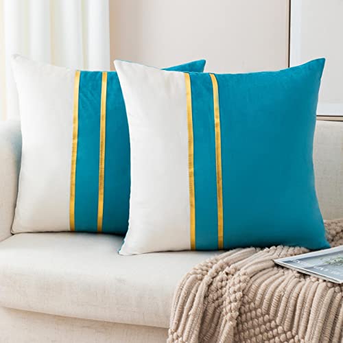 ZLINA Gold Leather Striped Throw Pillow Covers 24??24 Inch.Lake Blue - 2-Pack,Velvet fabric two tone pillow cover,with gold leather stripe decoration cushion covers,for Sofa Bedroom Home Decor